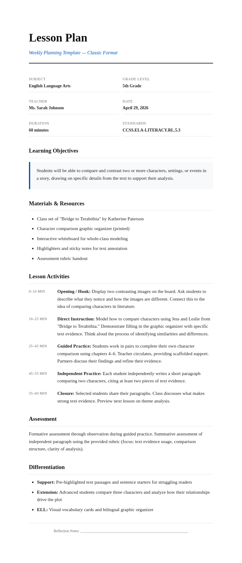 Classic professional lesson plan